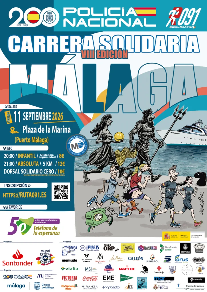 Poster for the 8th Ruta 091 Charity Run in Málaga, illustrated by Ángel Idígoras
